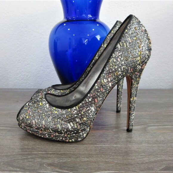 Near New Casadei Tweed Stiletto High Heels Peep Toe 9 Black Silver - Picture 3 of 16